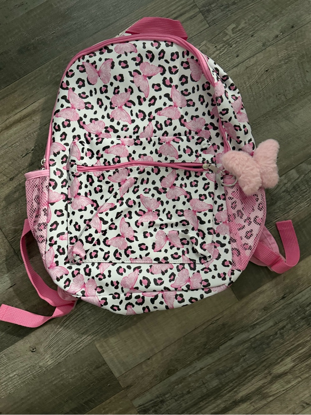 Pink Butterfly & Leopard Print Kids Backpack with Pom Charm